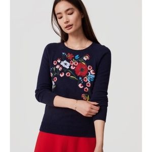 LOFT Embroidered Floral Navy Blue Sweater